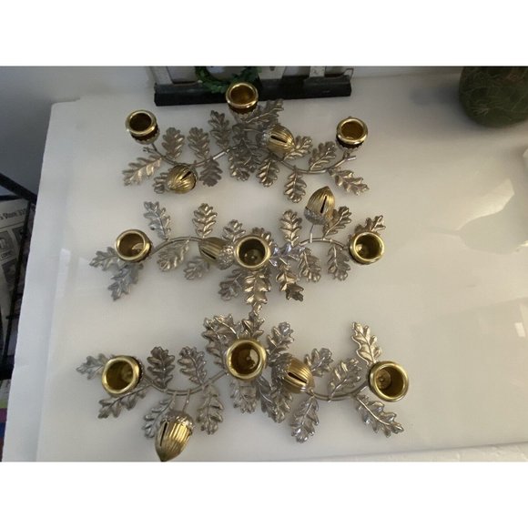 Silver & Gold Tone Horizontal Candlestick Stick Holder Leaf w Hazelnut Design - Picture 14 of 16